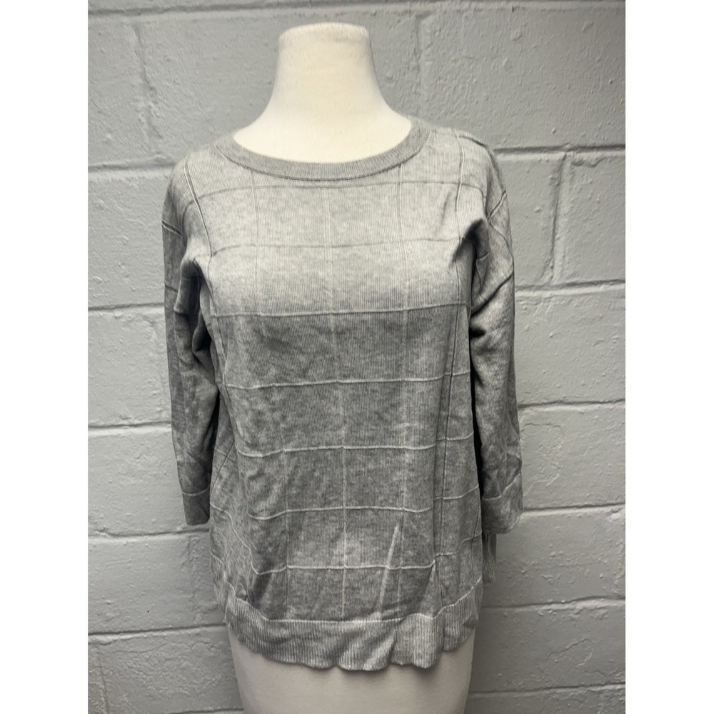 Lafayette 148 Gray Half Sleeve Sweater Medium Grid Pattern Cotton Wool Blend - Picture 2 of 11